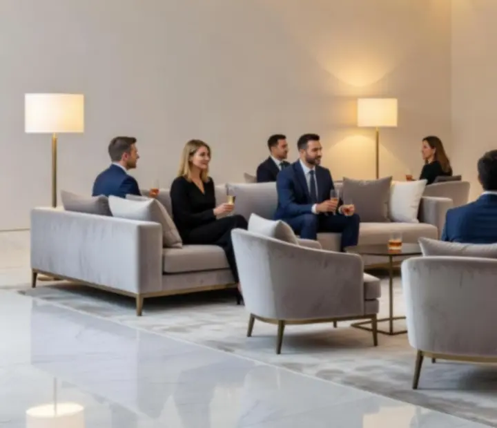 Strefa networkingowa z elegancką aranżacją i gośćmi przy rozmowach