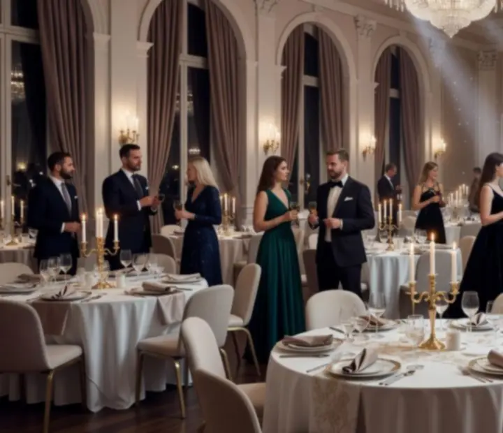 Elegancki wieczór tematyczny w oprawie premium z gośćmi przy stołach bankietowych.