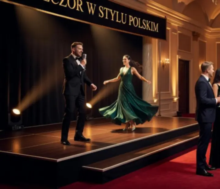 Stylowy wieczór tematyczny z artystami i nastrojowym oświetleniem.