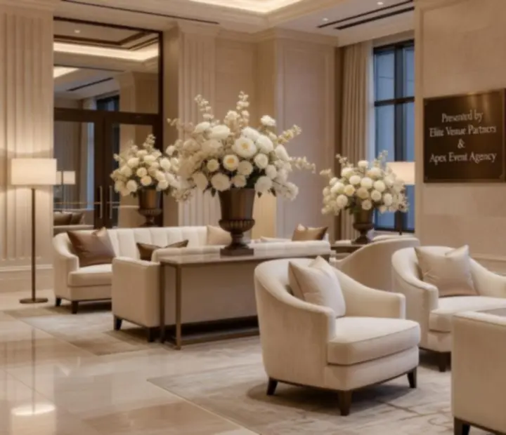 Elegancka przestrzeń hotelowa przygotowana na wieczorne wydarzenie.